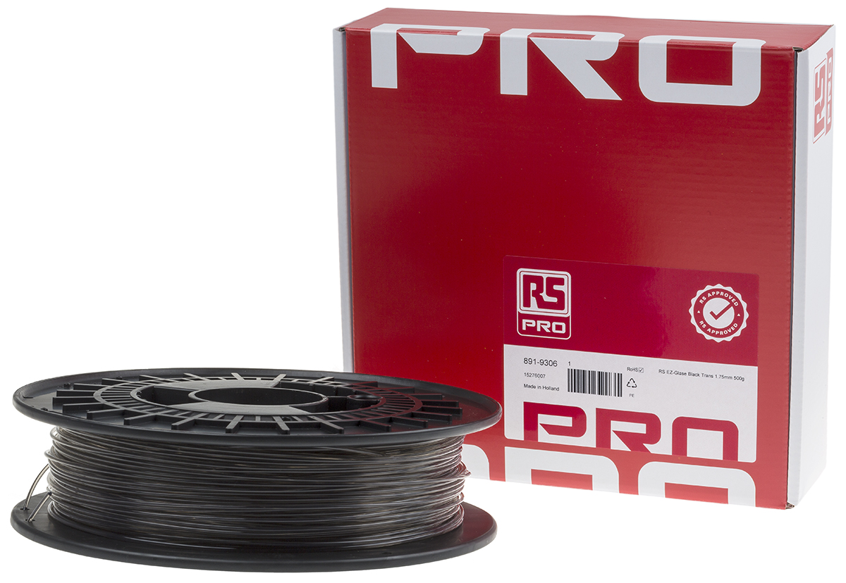 891-9306 RS PRO 1.75 mm Black, Transparent PET-G 3D Printer Filament, 500 g