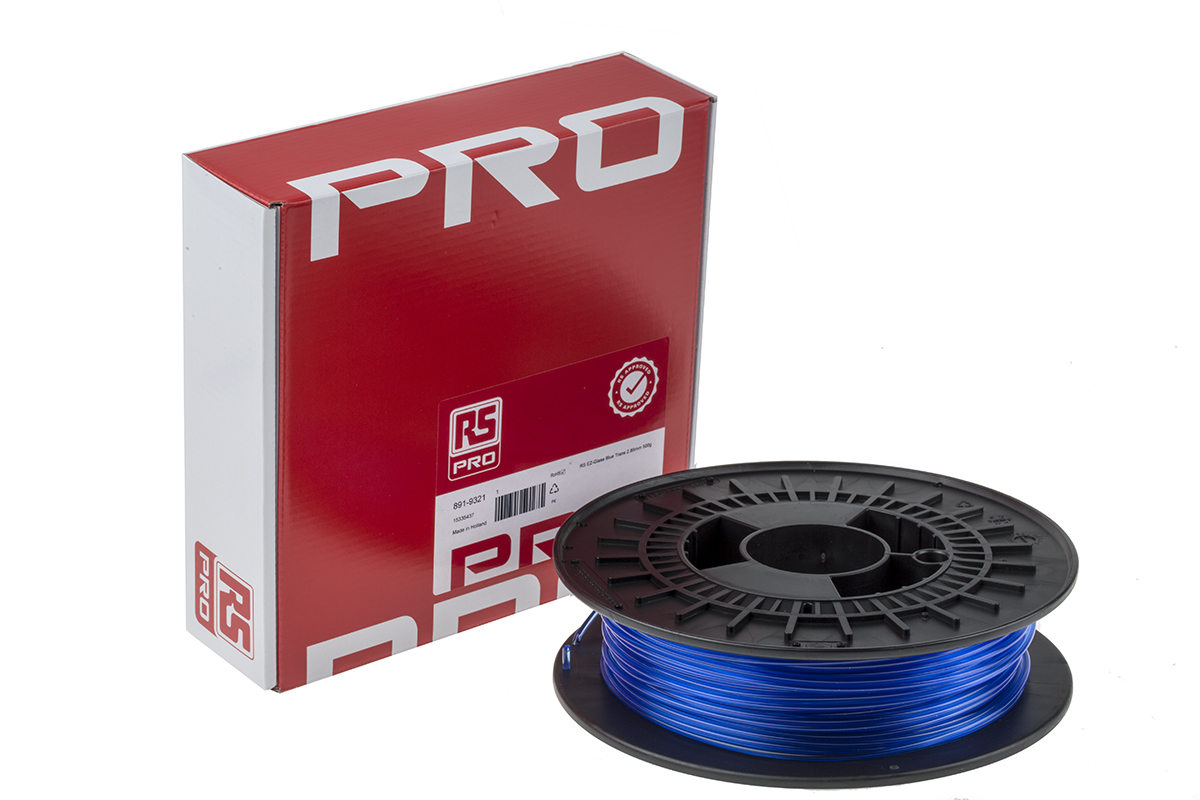 891-9321 RS PRO 2.85 mm Translucent Blue PET-G 3D Printer Filament, 500 g