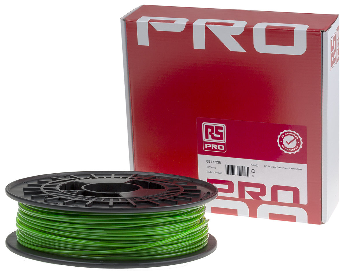 891-9328 RS PRO 2.85 mm Translucent Green PET-G 3D Printer Filament, 500 g