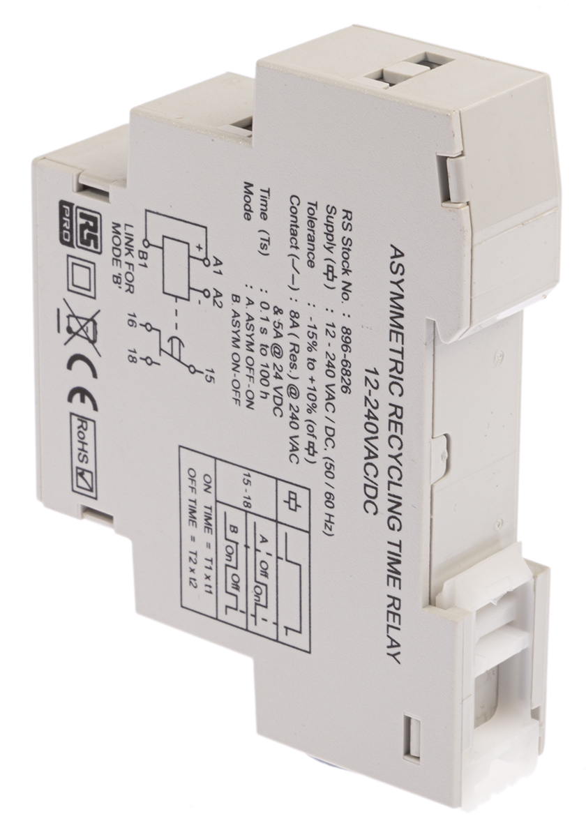 896-6826 RS PRO 1LL009_02 Series DIN Rail Timer Relay, 1-Contact, 24 V dc 12V ac, 240 V ac, 0.1 s to 100 h,