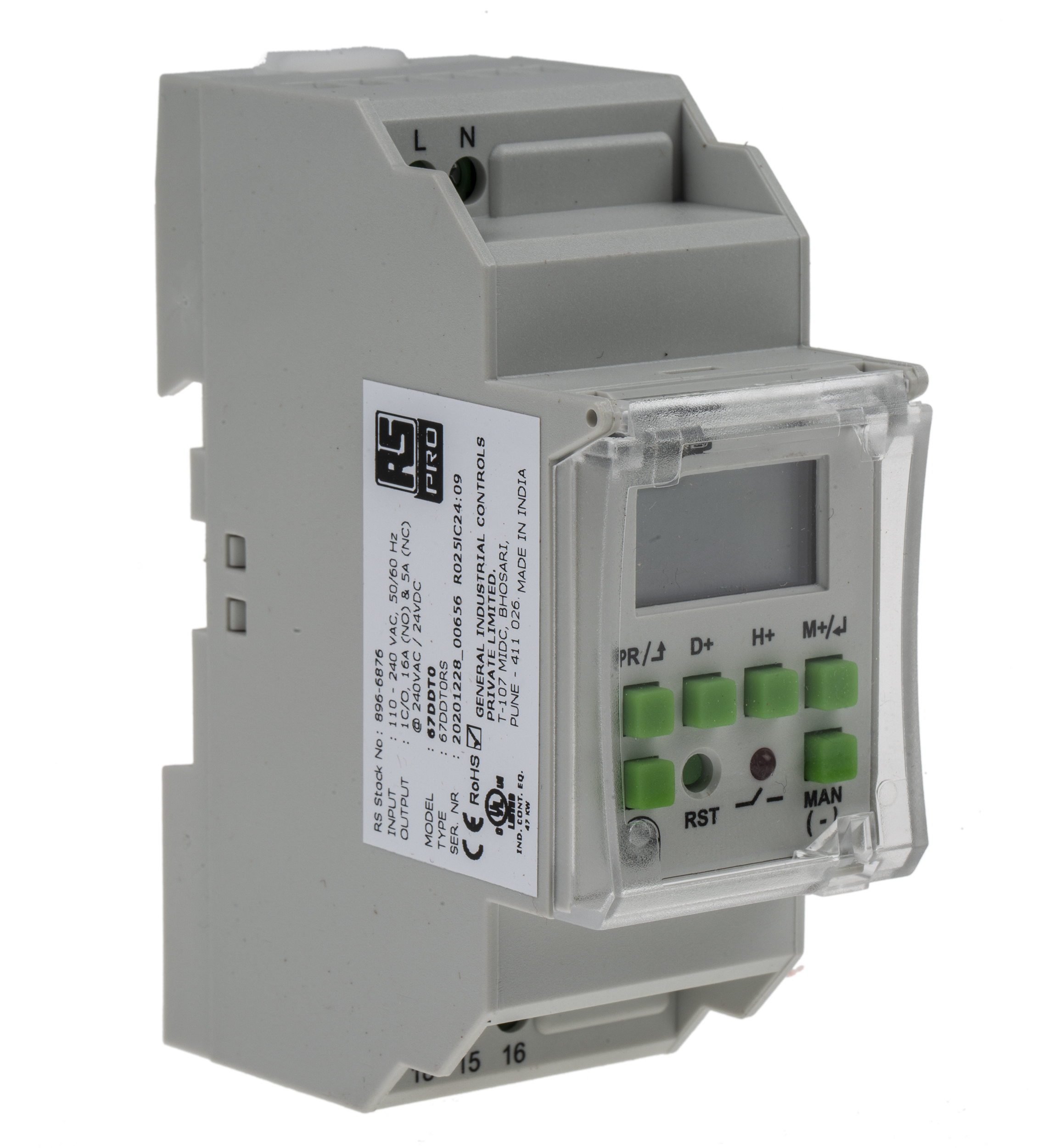 RS PRO Digital DIN Rail Time Switch 6LL003-08 DIN Rail Time Switch, 1-Channel 240 V ac