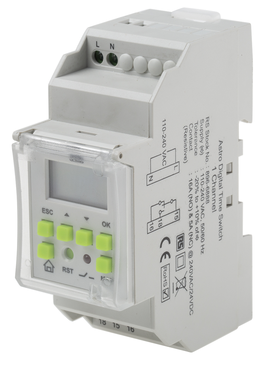 896-6888 RS PRO Digital  DIN Rail Time Switch, 1-Channel 240 V ac