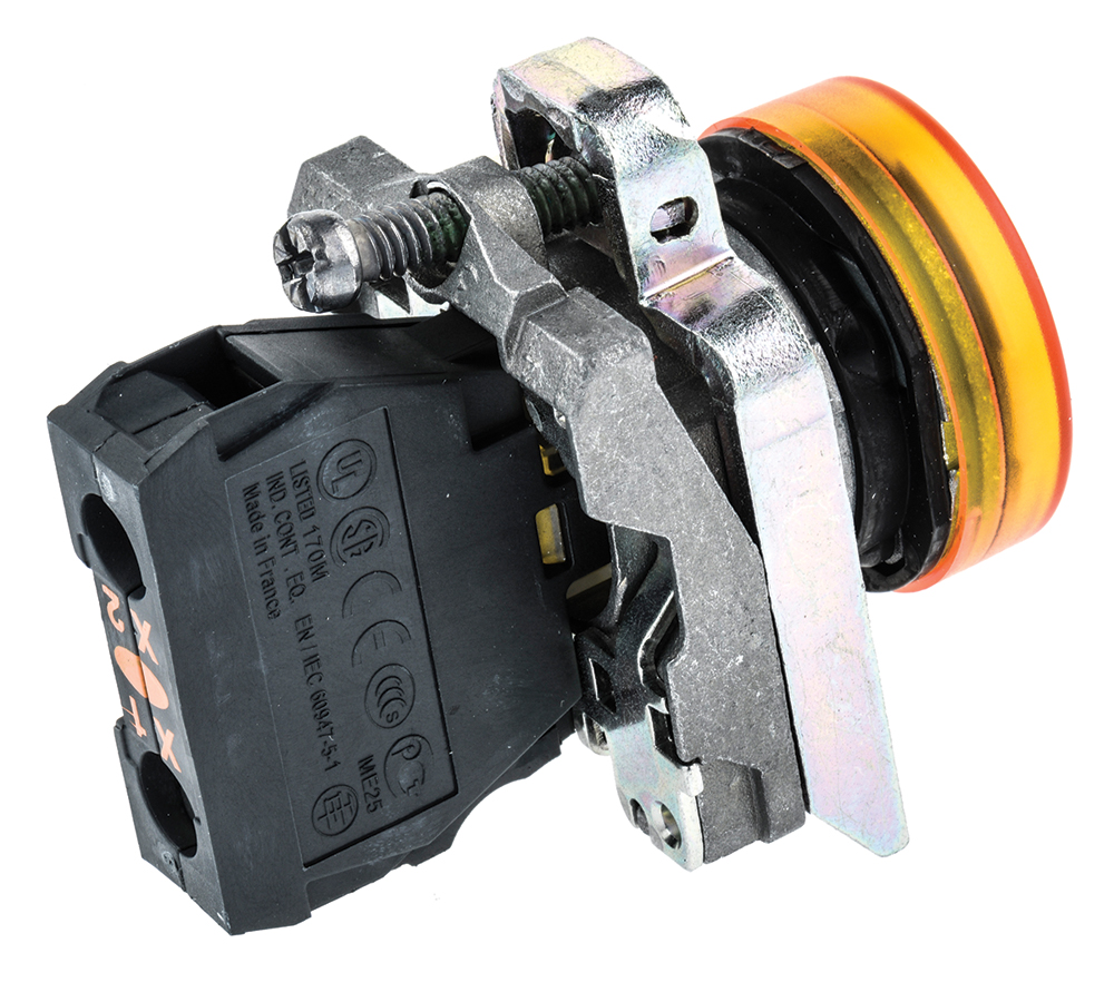xb4bvg5 Schneider Electric Harmony XB4 Orange LED Pilot Light, 22mm Cutout, IP66, IP67, IP69, IP69K, 120 V ac, 3 A ac, 270 mA dc