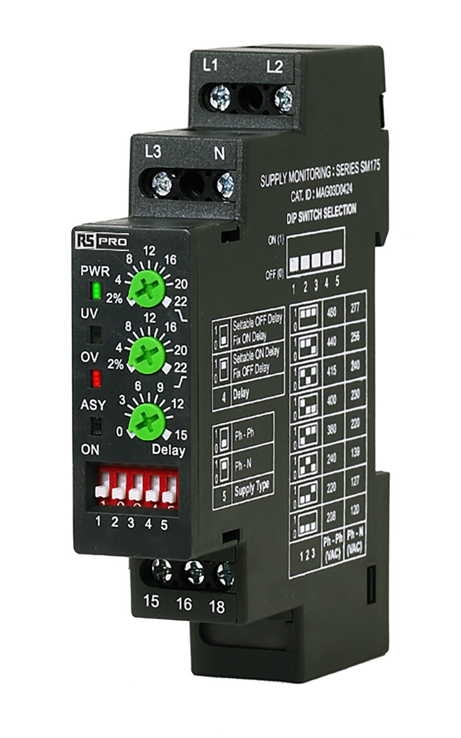 223-7791 RS PRO Monitoring Relay, 3 Phase, 120/480 V ac Monitor Range, SPDT, DIN Rail, 0V ac
