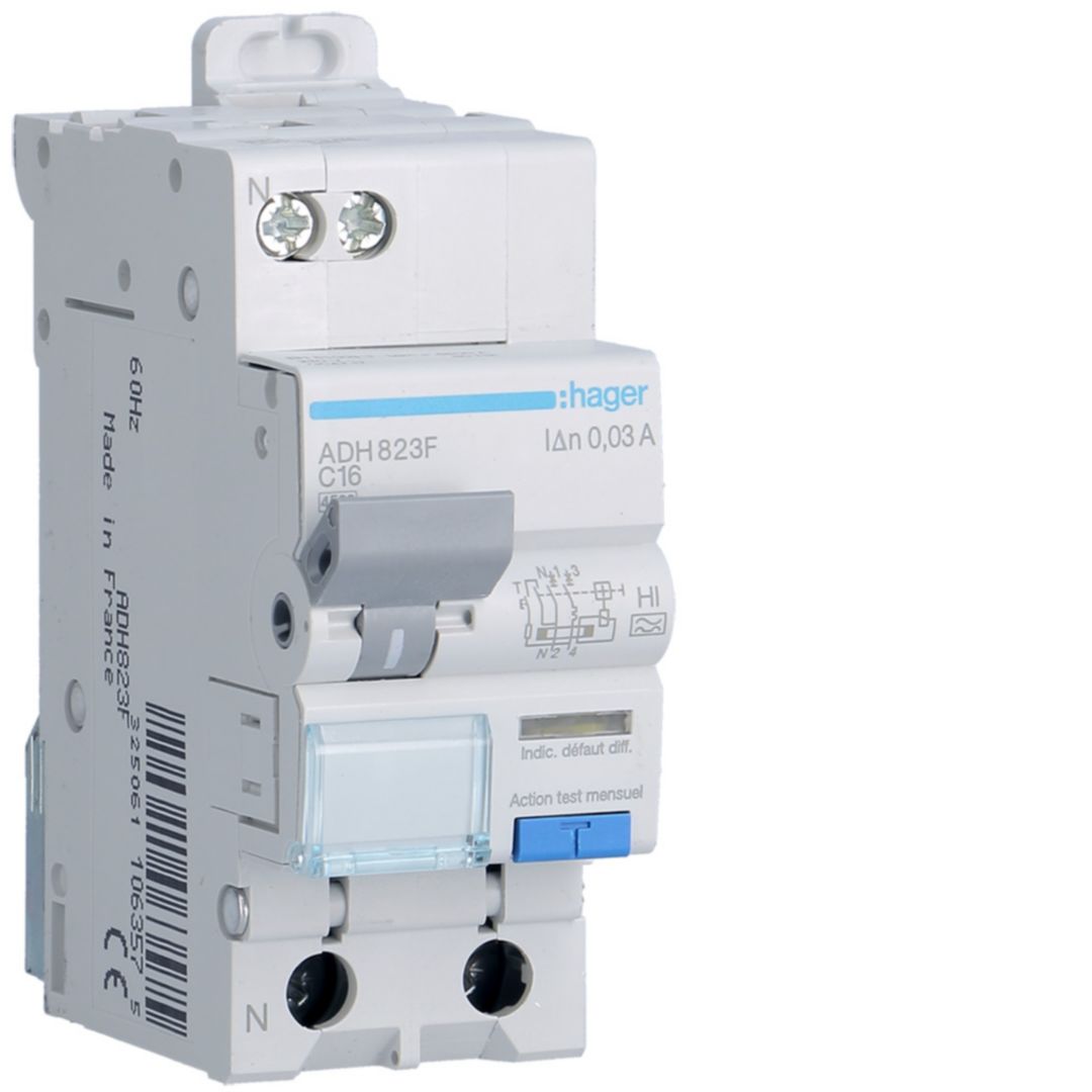 Hager RCBO, 16A Current Rating, 1P + N Poles, 30mA Trip Sensitivity, Type C