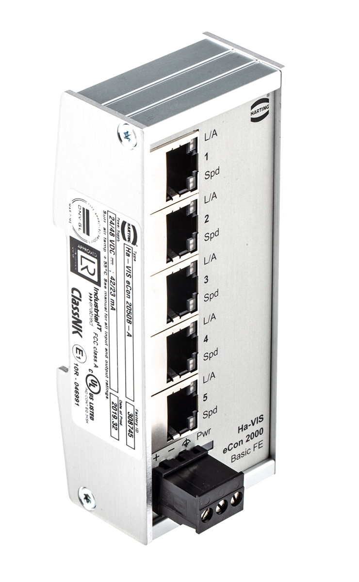 24020050010 HARTING DIN Rail Mount Industrial Ethernet Switch, 5 RJ45 Ports, 10/100Mbit/s Transmission, 24V dc