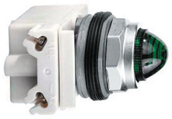Schneider Electric, Harmony 9001K, Flush Green LED Pilot Light, 30 mm Cutout, IP66, Round, 120V ac