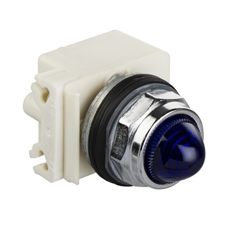 Schneider Electric, 9001K, Panel Mount Blue LED Pilot Light Complete Unit, 30 mm Cutout, IP66, Round, 120V ac/dc