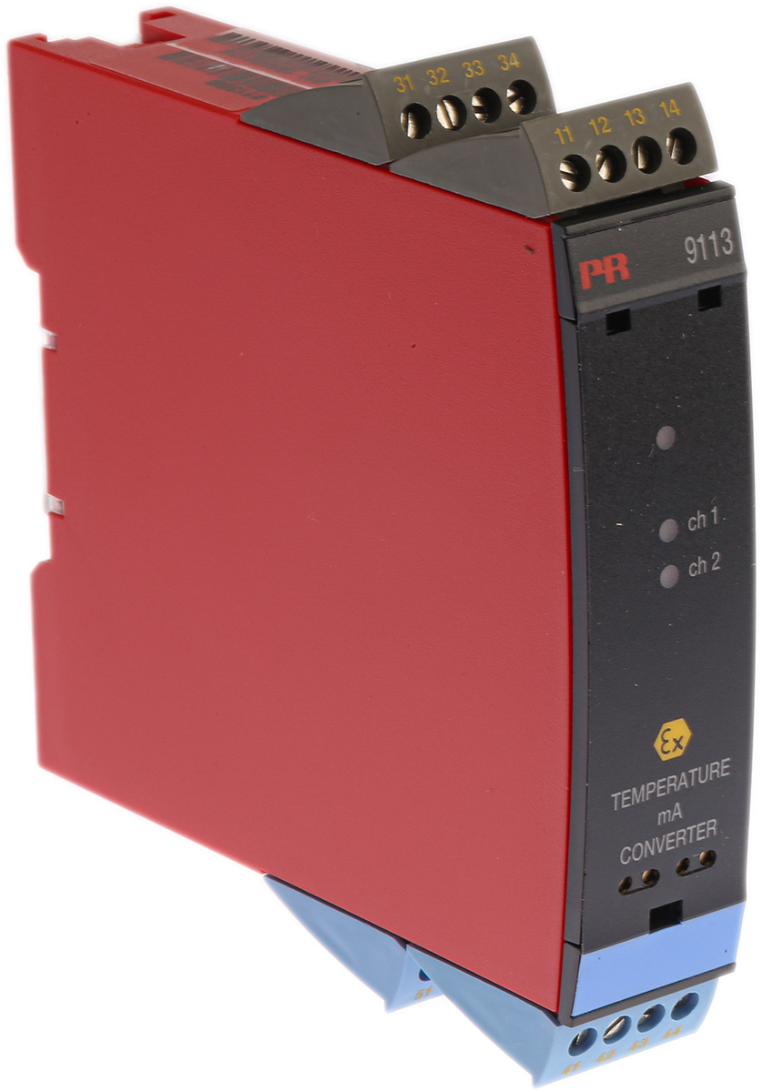 9113bb PR Electronics 9100 Series Temperature Converter, Thermocouple, Current, RTD Input, Current, Relay Output, 19.2V dc,