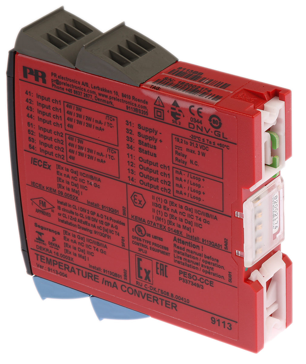 9113bb PR Electronics 9100 Series Temperature Converter, Thermocouple, Current, RTD Input, Current, Relay Output, 19.2V dc,