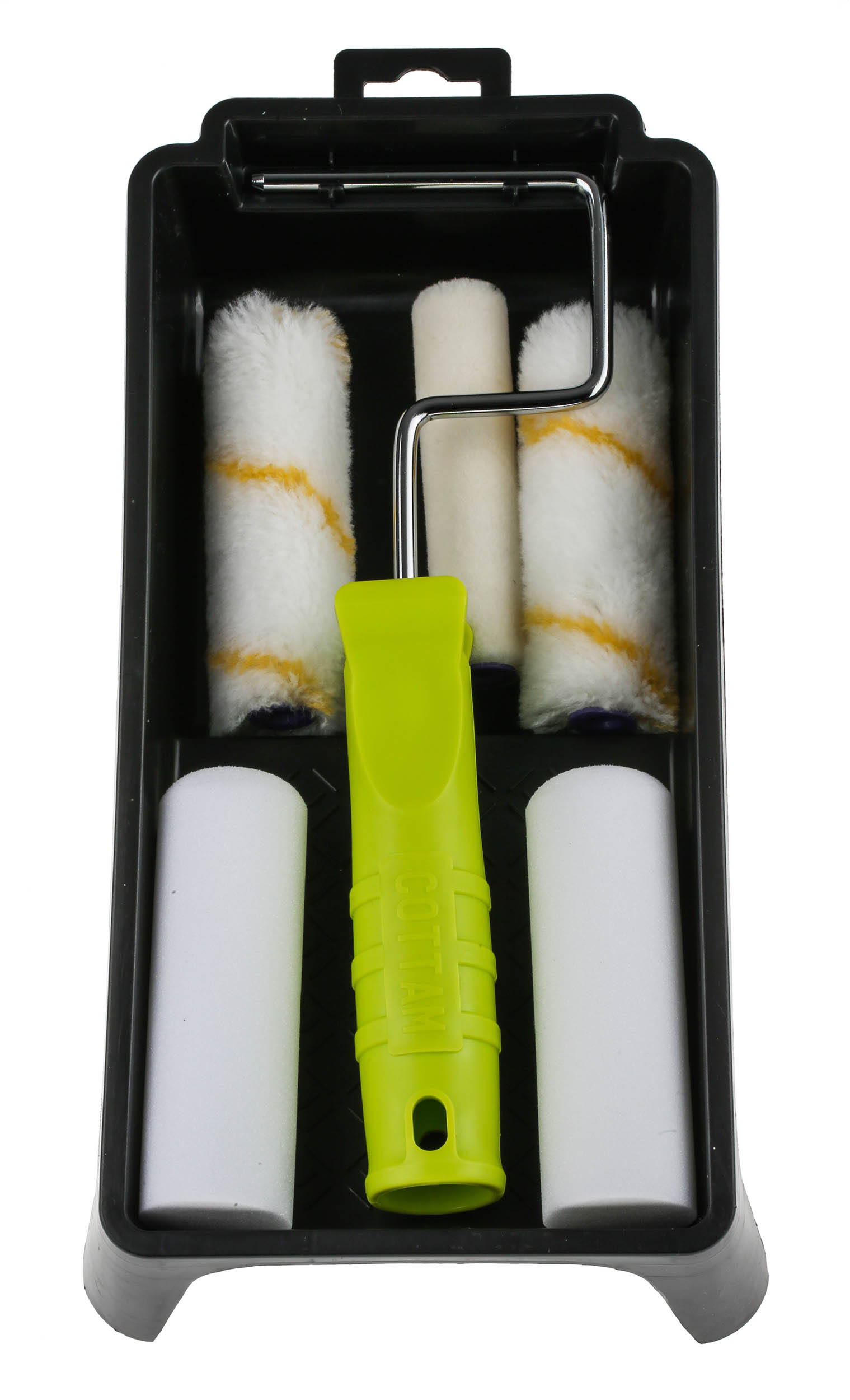 Cottam Paint Roller & Tray Kit includes: Plastic Tray, Velour Roller Sleeve, Mini Roller Cage Frame, 2 x Foam Roller