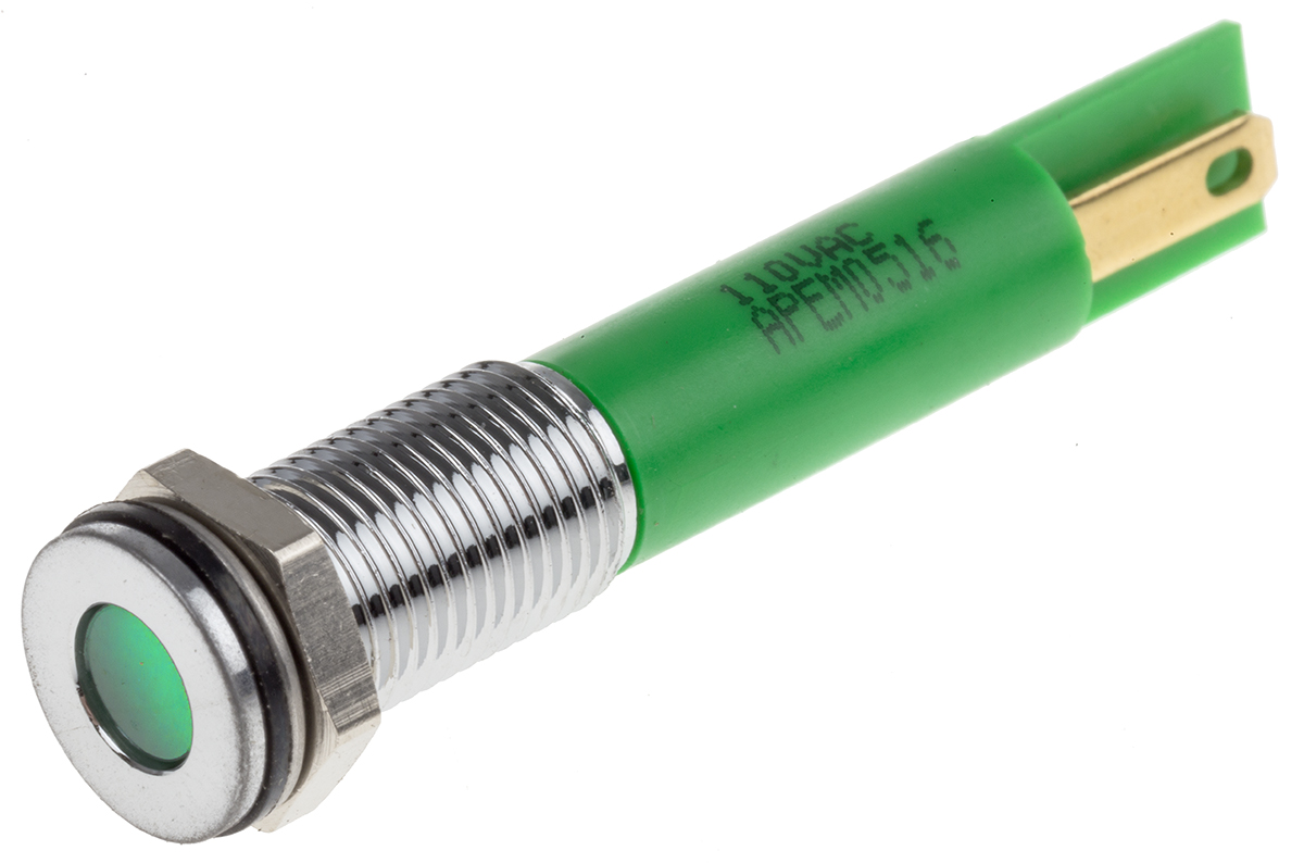 RS PRO Green Panel Mount Indicator, 110V ac, Solder Lug Termination, IP67