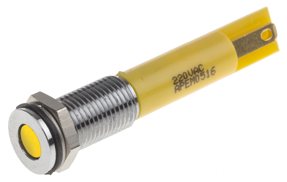 RS PRO Yellow Panel Mount Indicator, 220V ac, Solder Lug Termination, IP67