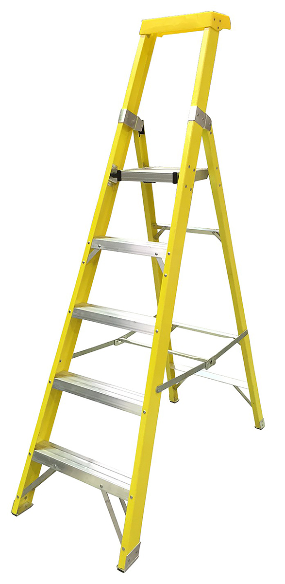 RS PRO Fibreglass 5 steps Step Ladder, 1.18m platform height, 1.99 m open length