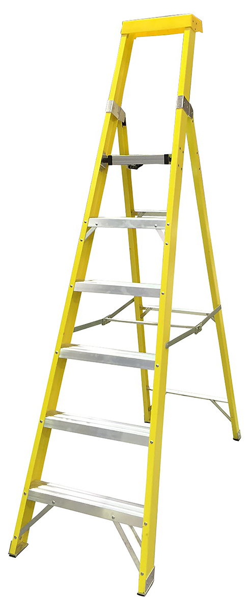 RS PRO Fibreglass 6 steps Step Ladder, 1.65m platform height, 3.24 m open length
