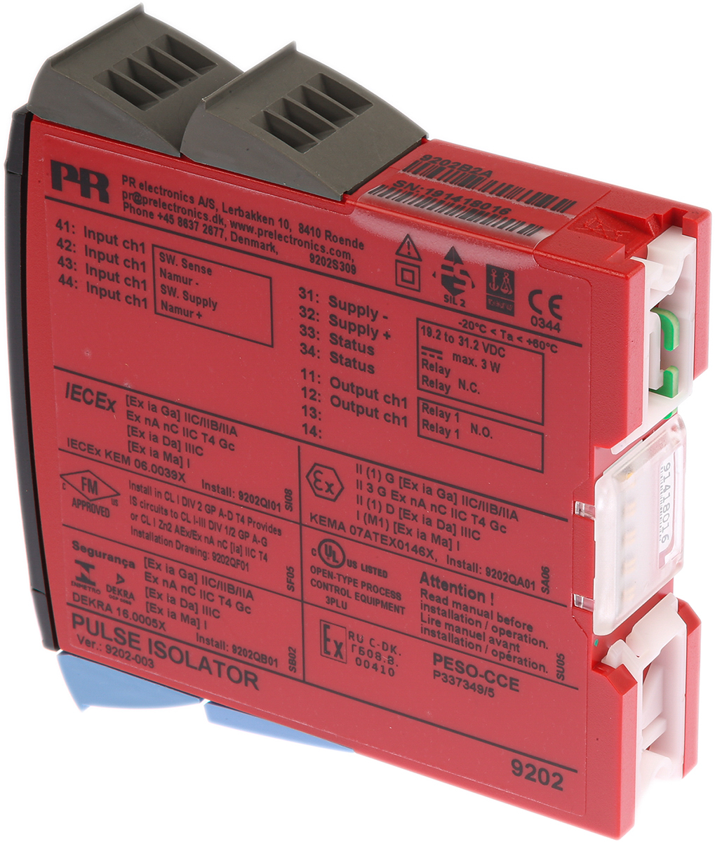 9202b2a PR Electronics 9200 Series Pulse Isolator, Switch Input, Relay Output, 19.2V dc, 31.2 V dc Supply, ATEX