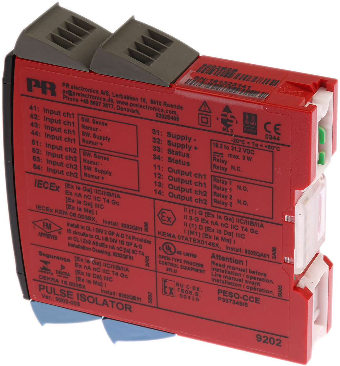 9202b2b PR Electronics 9200 Series Pulse Isolator, Switch Input, Relay Output, 19.2V dc, 31.2 V dc Supply, ATEX