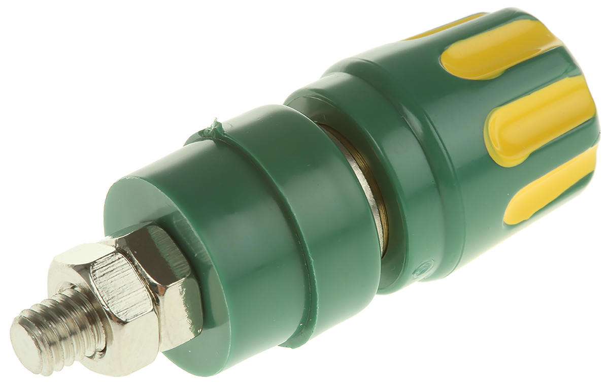 930103188 Hirschmann Test & Measurement, Green, Yellow 35A 27 mm Test Terminal With Brass Contacts and Nickel Plated - 8 mm Hole