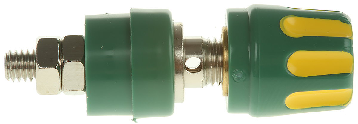 930103188 Hirschmann Test & Measurement, Green, Yellow 35A 27 mm Test Terminal With Brass Contacts and Nickel Plated - 8 mm Hole