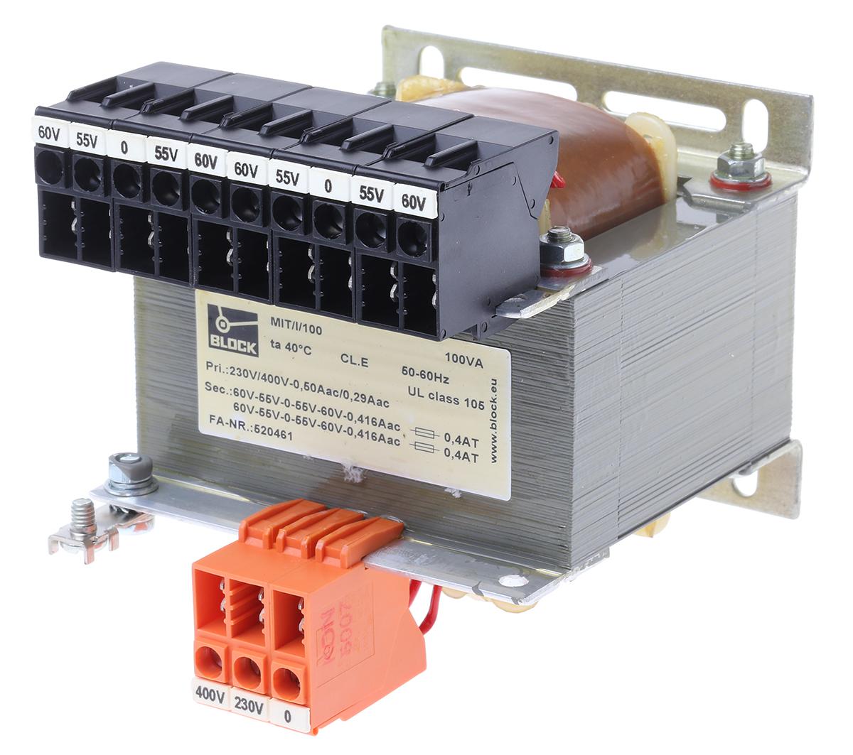 Block MIT/I/100, DIN Rail Transformer, 230V ac, 400V ac Primary 2 x, ±110V ac, ±120V ac, ±55V ac, ±60V ac Secondary