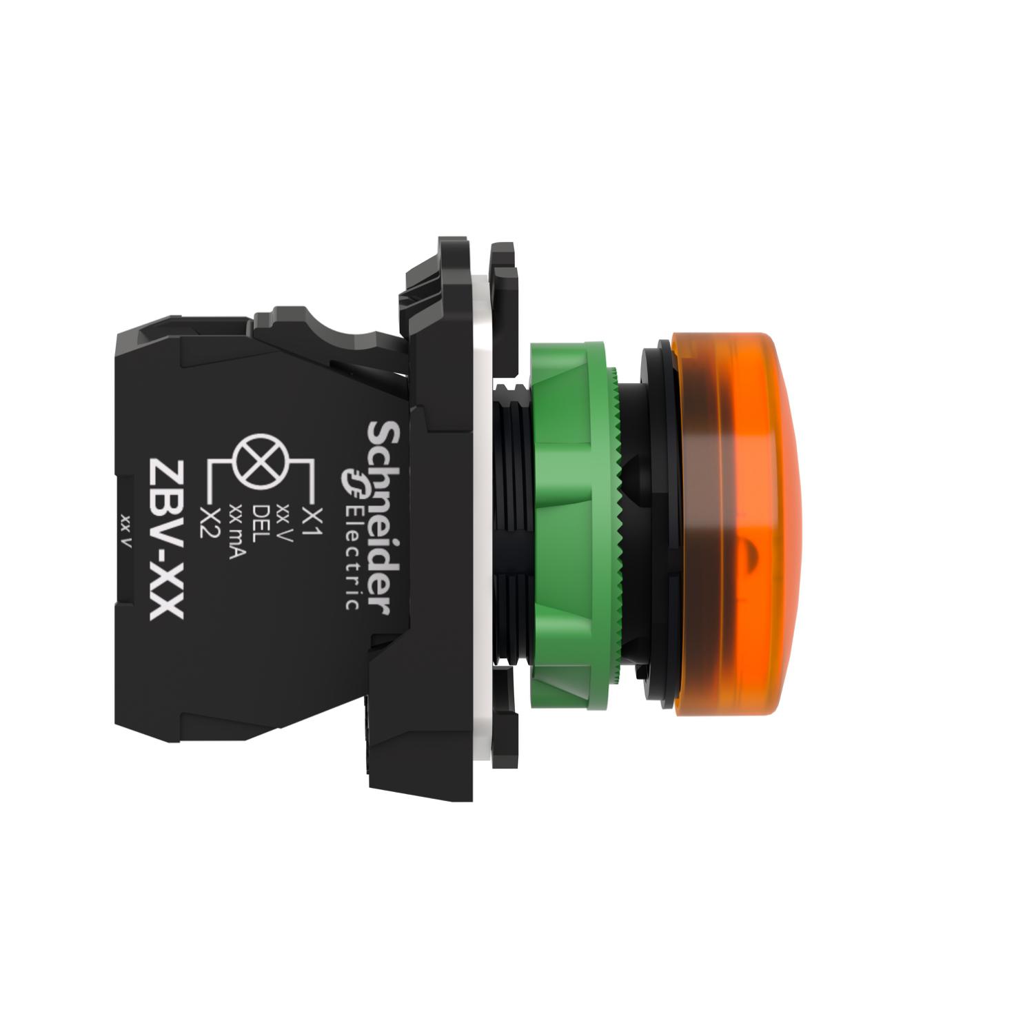 xb5avb5 Schneider Electric, Harmony, Panel Mount Orange LED Pilot Light, 22 mm Cutout, IP66, IP67, Round