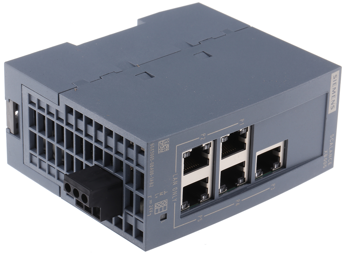 Siemens XB005 Series DIN Rail Mount Industrial Ethernet Switch, 5 RJ45 Ports, 10/100Mbit/s Transmission, 24V dc