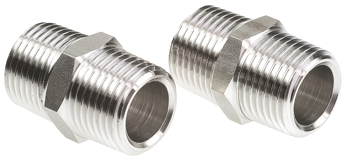 Legris Stainless Steel Pipe Fitting, Straight Hexagon Coupler, Male R 1/2in x Male R 1/2in