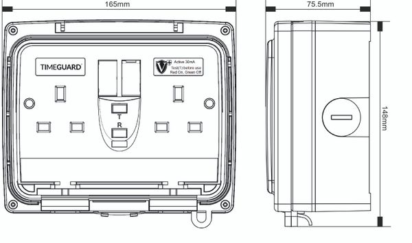tgv205n Timeguard 13A, BS 7288 Fixing, Active, 2 Gang RCD Socket, Thermoplastic, Surface Mount , Switched, IP66 , Outdoor, 230