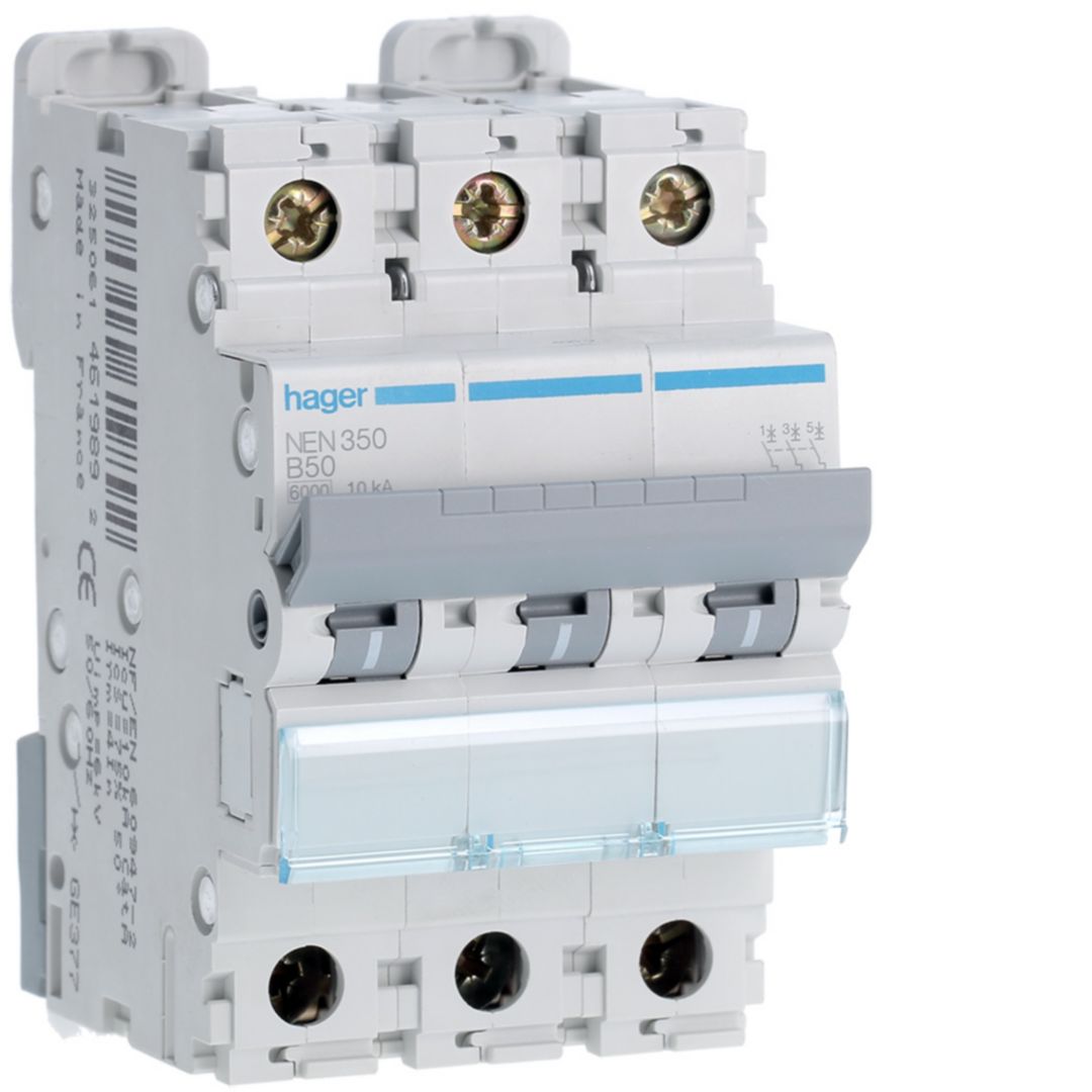 Hager Hager NEN Circuit Breaker, 3P, 50A Curve B, 400V AC, 10 kA Breaking Capacity