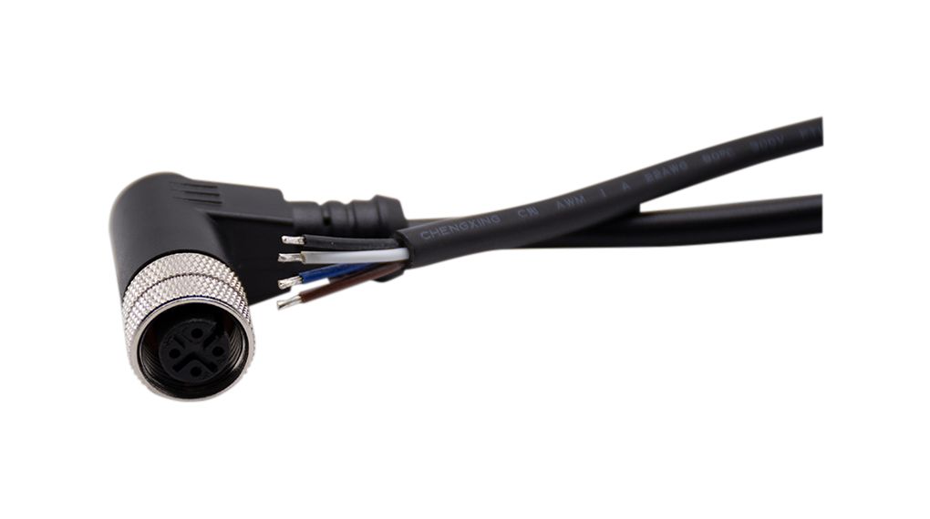 RND Female 4 way Angled Socket M12 to Free End Cable Connector Cable, 5 m