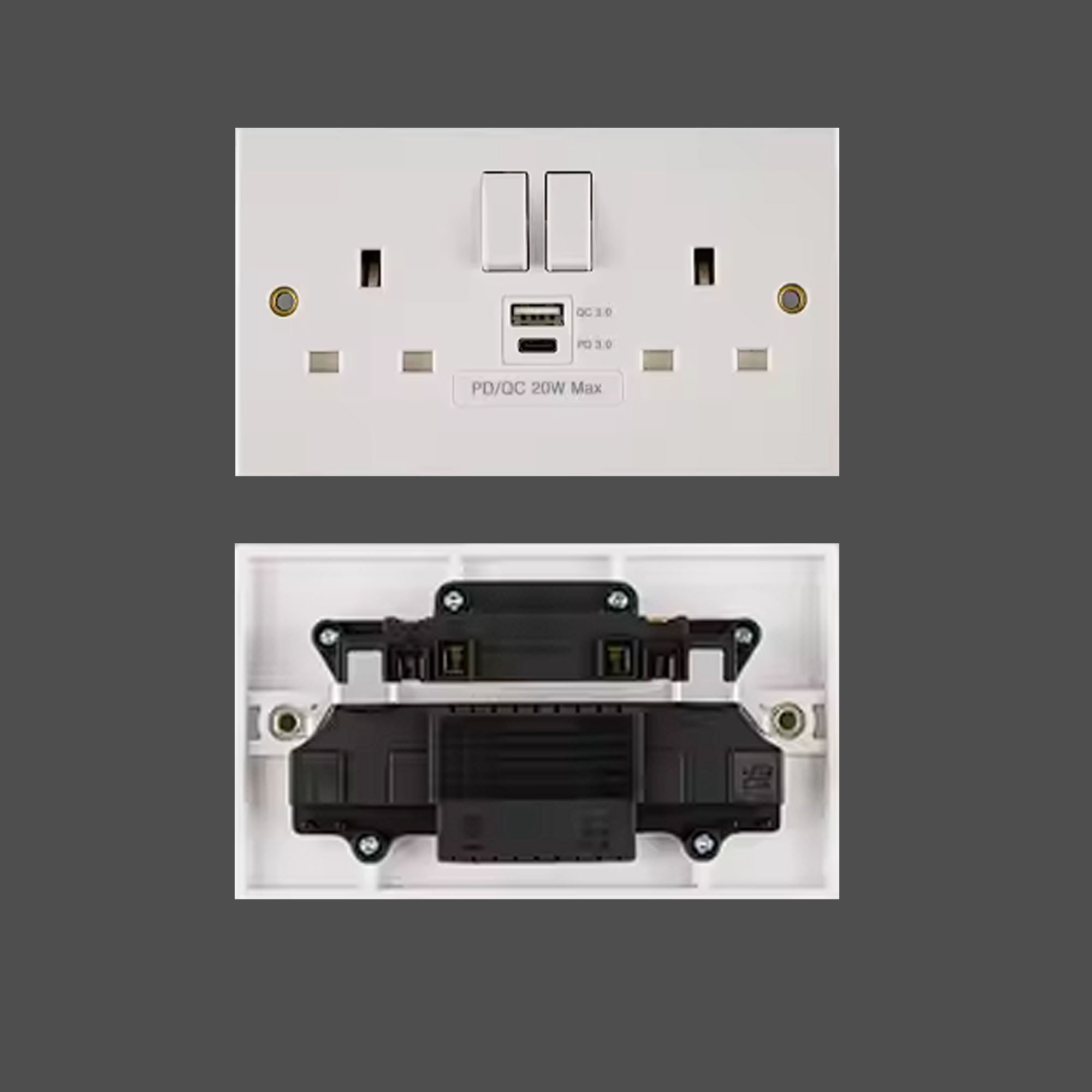 E-Pro Double Square Edge Switch Socket with USB A+C (20W PD3.0)
