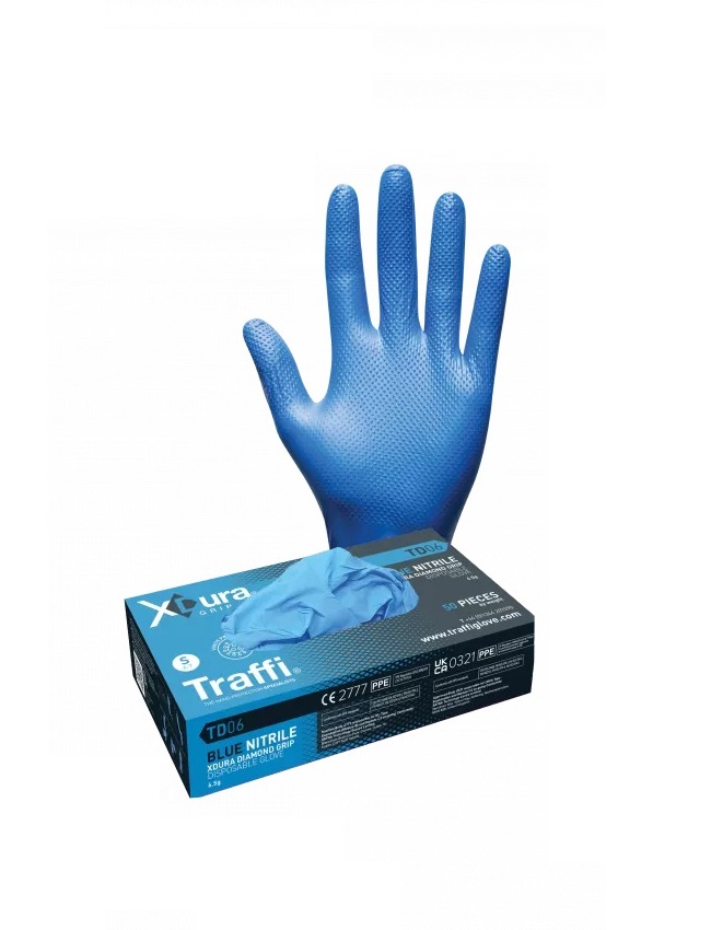 Traffi TD06 Blue Nitrile Disposable Gloves, Size XL, 100 per Pack