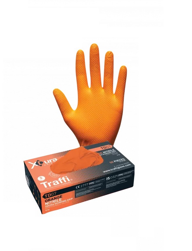 Traffi TD07 Orange Nitrile Disposable Gloves, Size S, 100 per Pack