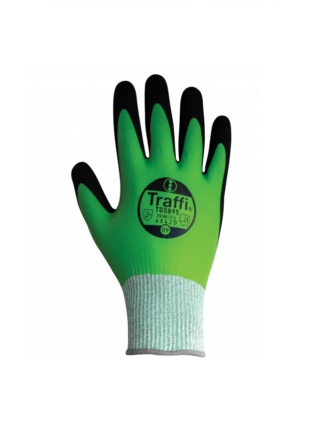 Traffi TG5895 Green Polyester (Liner) Work Gloves, Size 8, Nitrile Coating