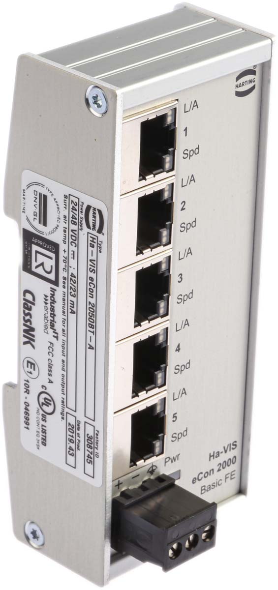 24020050000 HARTING DIN Rail Mount Industrial Ethernet Switch, 5 RJ45 Ports, 10/100Mbit/s Transmission, 24V dc