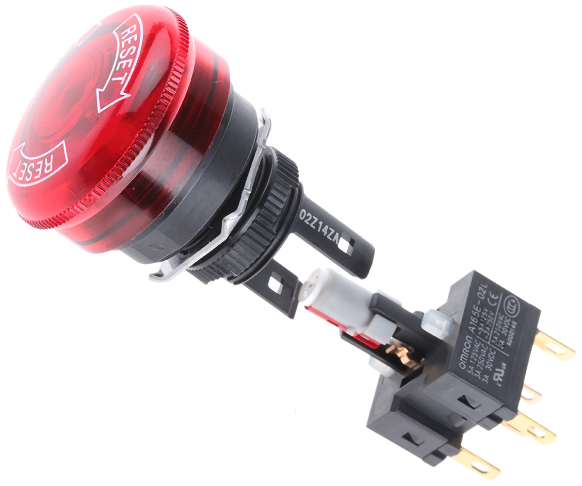 Omron A165E Series Twist Release Illuminated Emergency Stop Push Button, Panel Mount, 16 mm Cutout, 2 NC, IP65