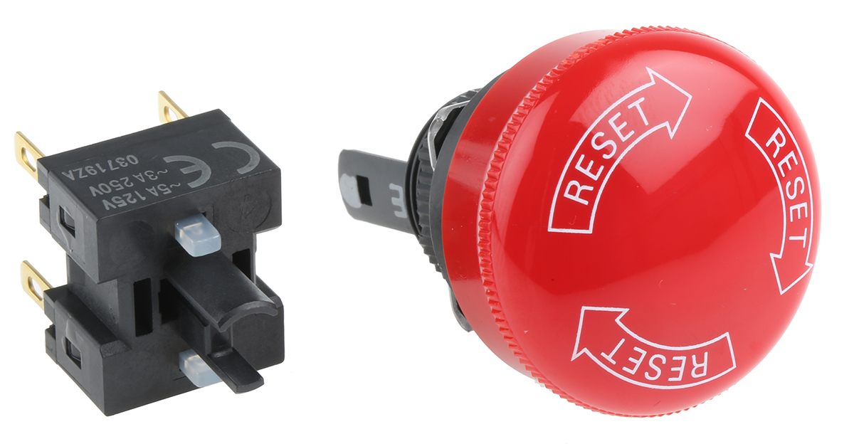 Omron A165E Series Twist Release Emergency Stop Push Button, Panel Mount, 16 mm Cutout, 2 NC, IP65