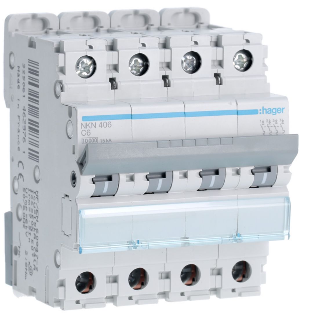 Hager Hager NKN Circuit Breaker, 4P, 6A Curve C, 400V AC, 15 kA Breaking Capacity