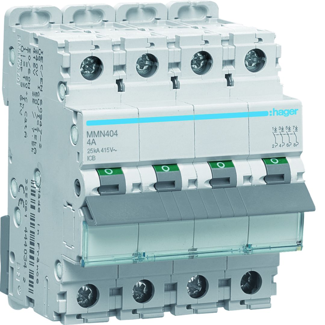 Hager MMN MCB, 4P, 4A, 400V AC, 25 kA Breaking Capacity