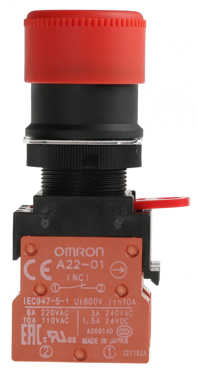 a22e-s-02 Omron A22E Series Twist Release Emergency Stop Push Button, Panel Mount, 22 mm Cutout, 2 NC, IP65