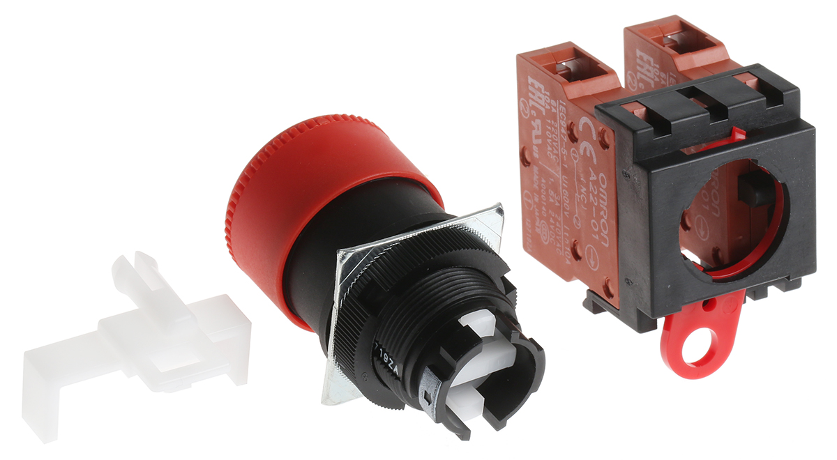a22e-s-02 Omron A22E Series Twist Release Emergency Stop Push Button, Panel Mount, 22 mm Cutout, 2 NC, IP65