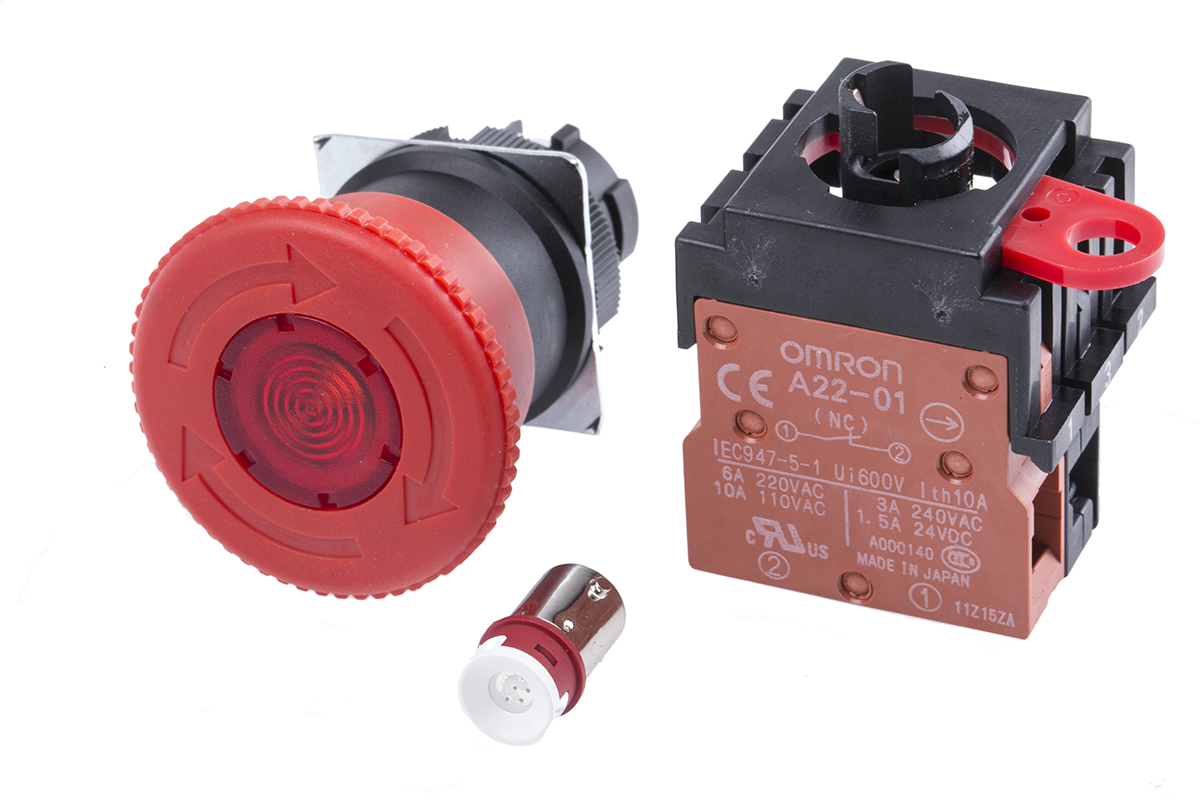 Omron A22E Series Twist Release Illuminated Emergency Stop Push Button, Panel Mount, 22 mm Cutout, 1 NC, IP65