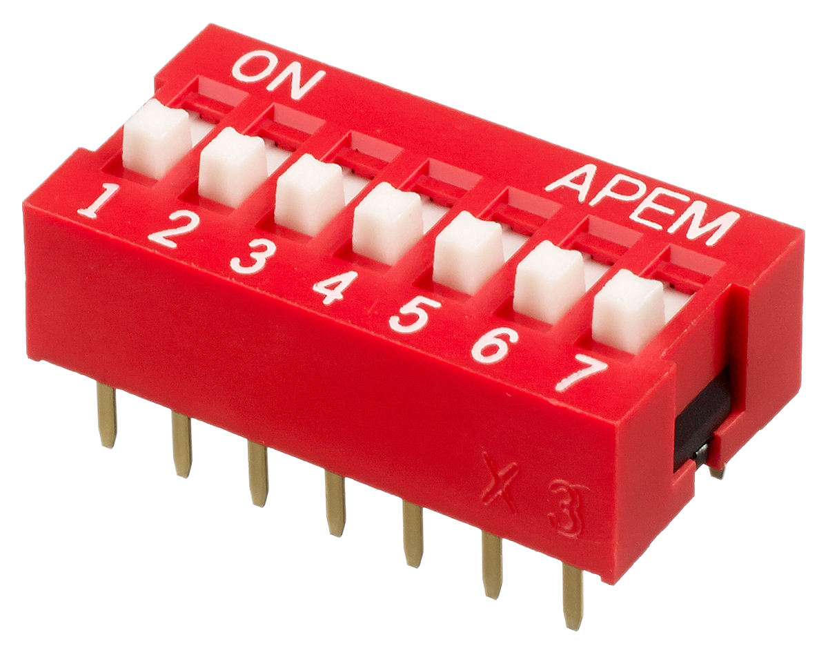 Apem 7 Way Through Hole DIP Switch SPST, Raised Actuator