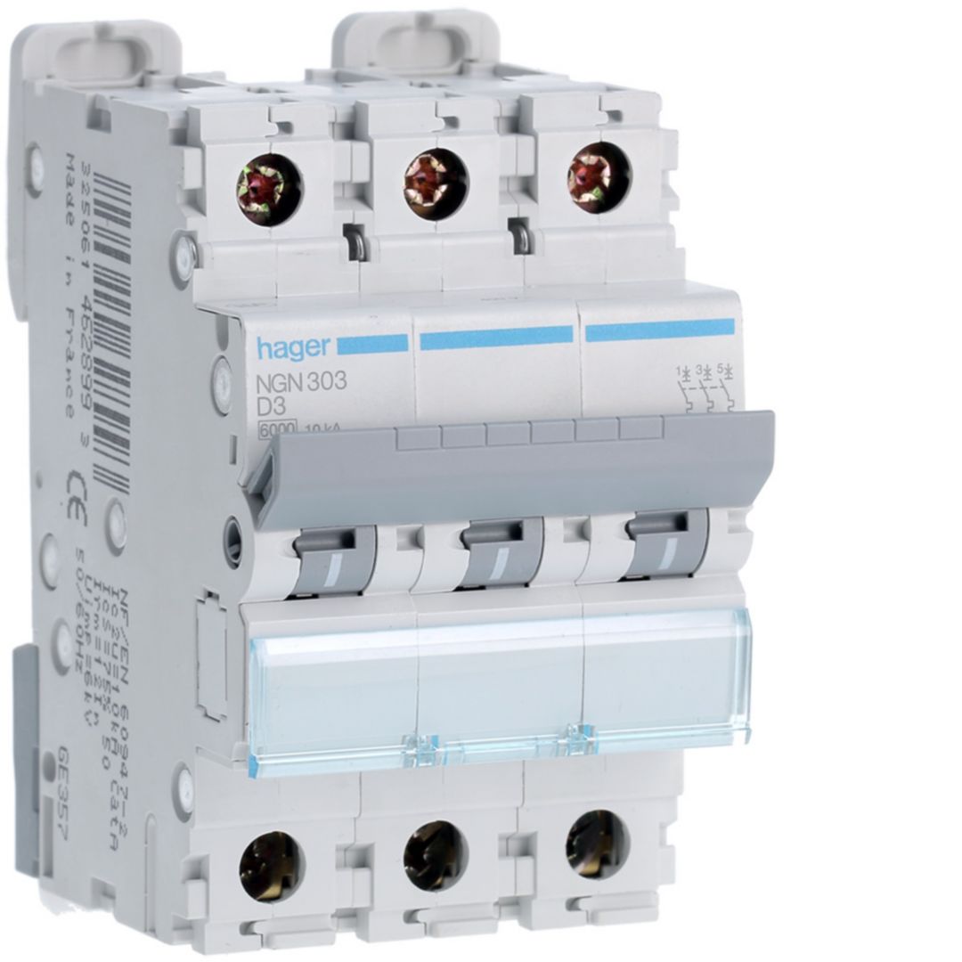 Hager Hager NGN Circuit Breaker, 3P, 3A Curve D, 400V AC, 10 kA Breaking Capacity