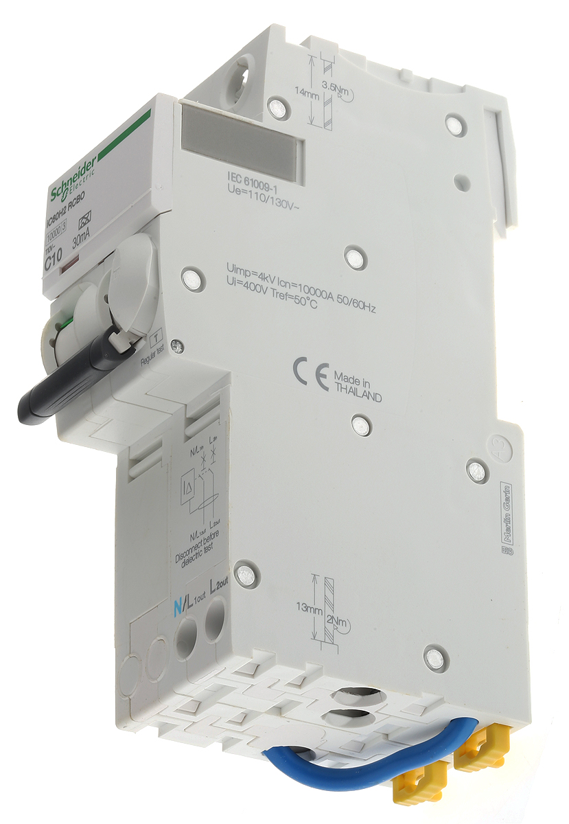 Schneider Electric Residual Current Circuit Breaker with Overload Protection, 10A Current Rating, 2-Pole, 30 mA Trip