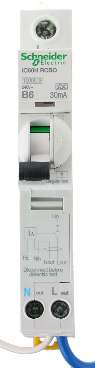 Schneider Electric Residual Current Circuit Breaker with Overload Protection, 6A Current Rating, 1-Pole, 30 mA Trip