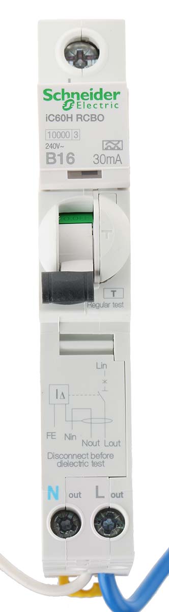 Schneider Electric Residual Current Circuit Breaker with Overload Protection, 16A Current Rating, 1-Pole, 30 mA Trip