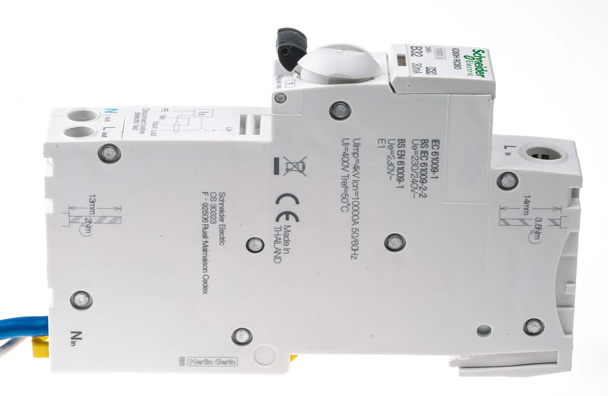 a9d31832 Schneider Electric Residual Current Circuit Breaker with Overload Protection, 32A Current Rating, 1-Pole, 30 mA Trip