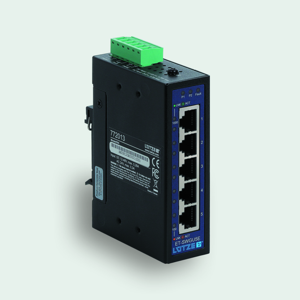 F Lutze Ltd DIN Rail Mount Industrial Ethernet Switch, 5 RJ45 Ports, 1000Mbit/s Transmission, 12 → 48V dc