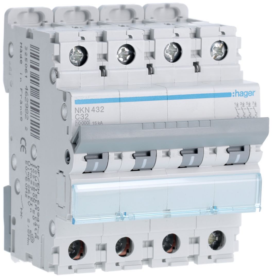 Hager Hager NKN Circuit Breaker, 4P, 32A Curve C, 400V AC, 15 kA Breaking Capacity